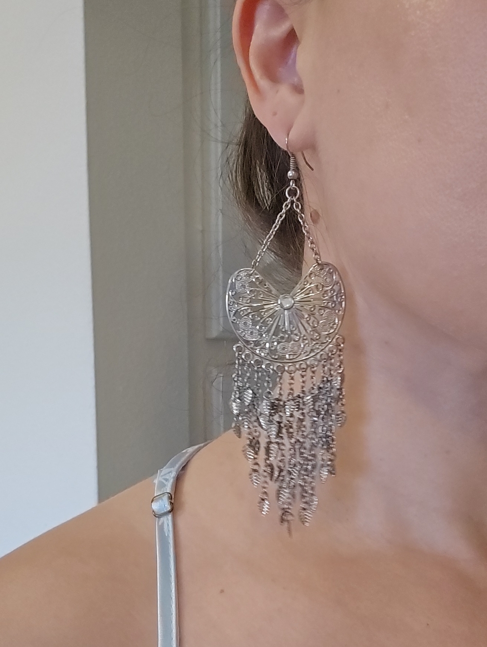 Silver Filigree Leaf Fringe Dangle Earrings - Women Jewelry